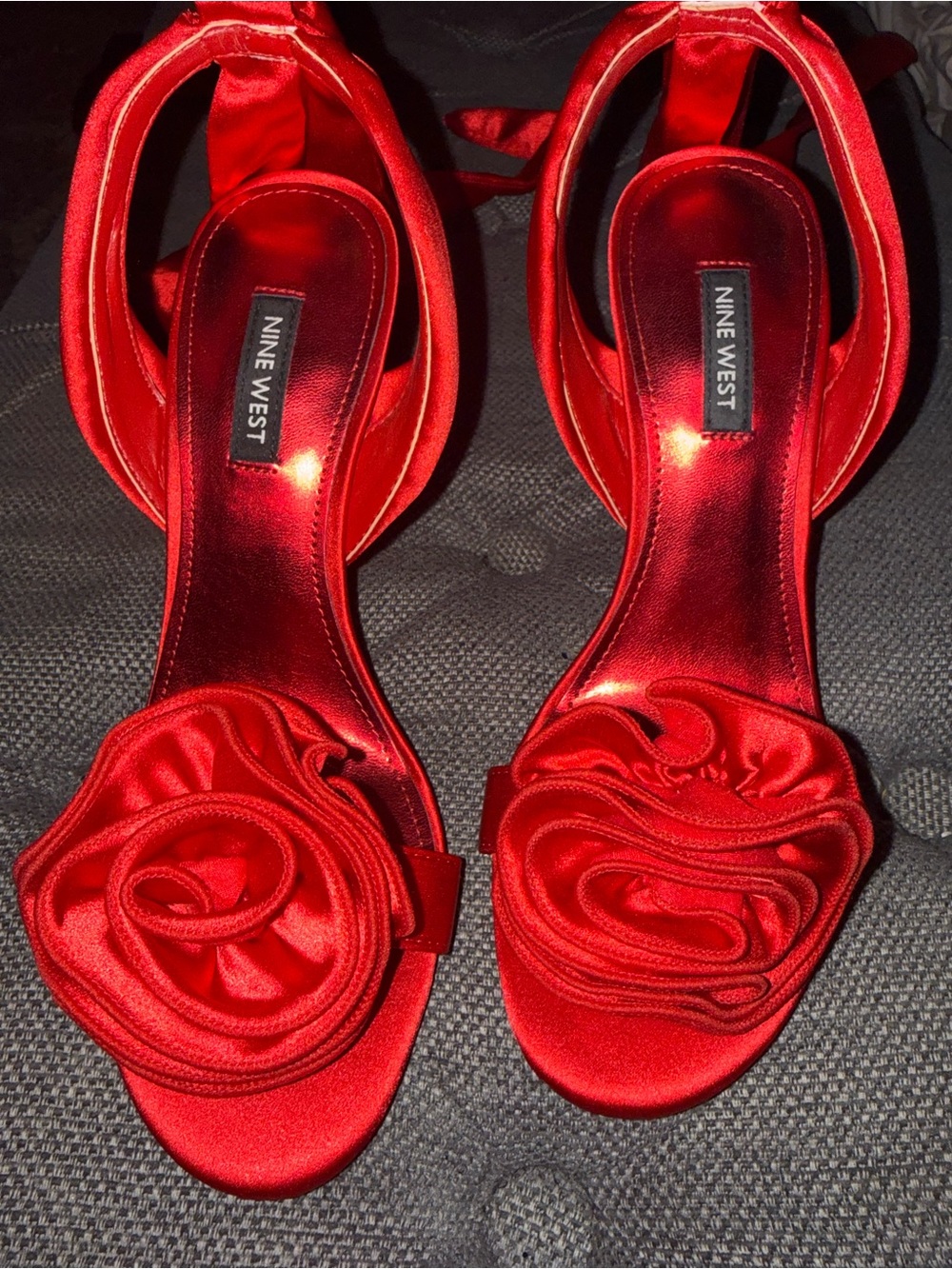 Nine West Red Satin Rose-Detail Ankle Tie Heels - Picture 4 of 9